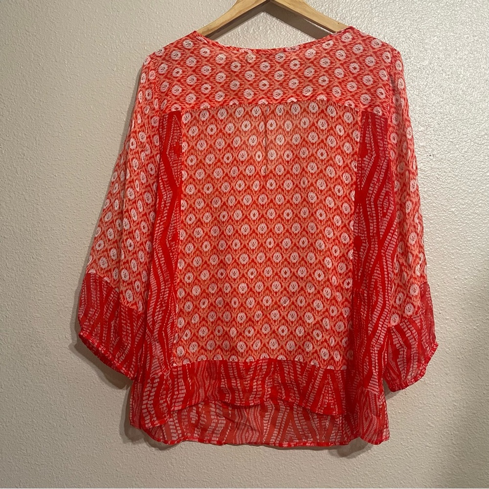 Lucky Brand Caley Mixed Print Orange Sheer Boho Peasant Blouse - Picture 4 of 9